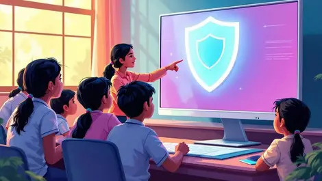 Indian school children classroom teacher pointing computer screen digital safety