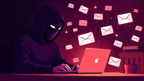 Masked hacker typing on laptop in dark room with floating email warning icons cyber attack phishing
