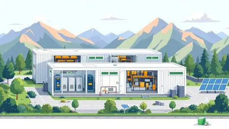 Modern data center exterior modular containers cooling batteries solar panels sustainability