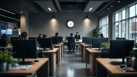 Modern uk bank branch empty desks dark screens clock time passing concerned employees