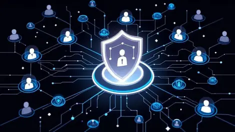 Secure digital network shield icons interconnected user silhouettes enterprise identity access management blue gray