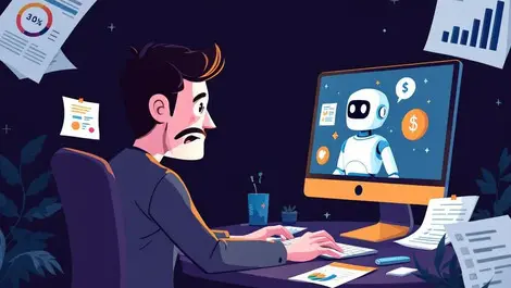 Uk small business owner concerned computer chatbot avatar financial risk