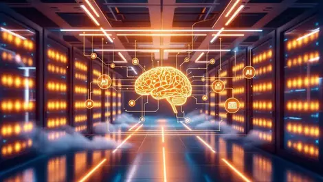 Modern cloud server room glowing server racks digital brain ai models