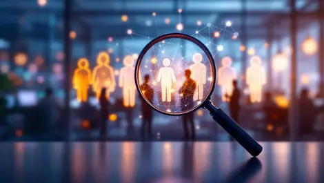 Magnifying glass glowing people ai network recruitment uk office modern tech