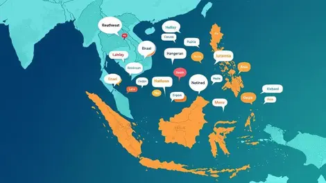 Illustrated map southeast asia speech bubbles multilingual communication