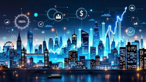London city skyline digital financial icons graphs economic growth tech