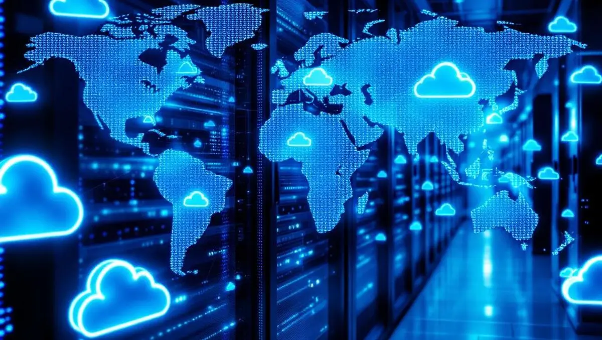 Server room glowing blue cloud icons digital connectivity europe emea australia map