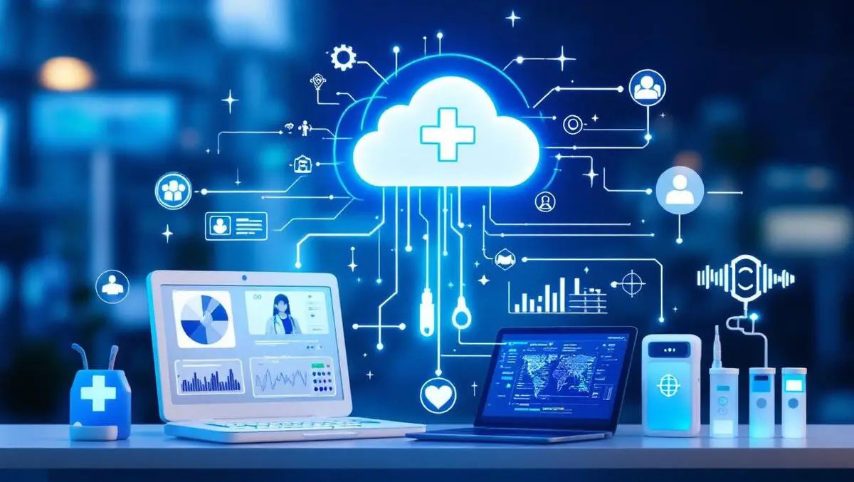Cloud symbol above medical diagnostic tools with digital data flows modern healthcare technology