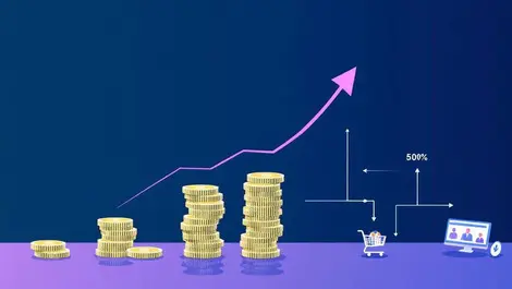 Detailed illustration stacks coins upward arrows connected carts screens online sales revenue