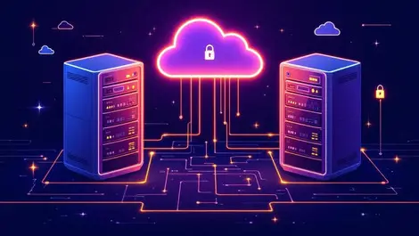 Two servers glowing cloud symbol secure locks digital network teamwork cloud computing security