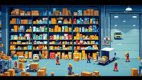 Warehouse interior shelves educational toys lego boxes workers loading trucks