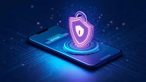 Secure mobile banking app with glowing shield padlock circuits