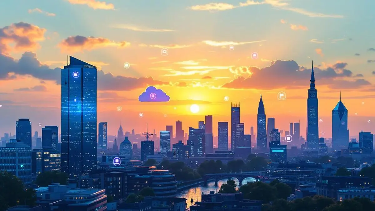 London sunrise skyline with digital cloud streams tech growth scene