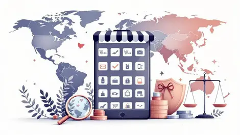 Global ecommerce crackdown tablet icons magnifier scales shield