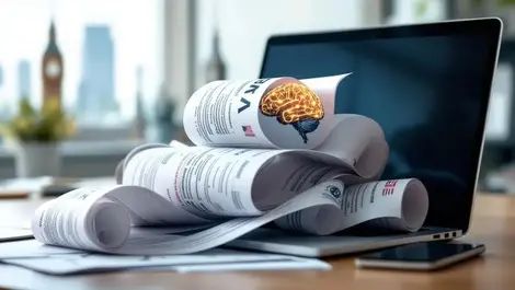 Tangled visa documents wrapped around laptop ai brain uk us bg