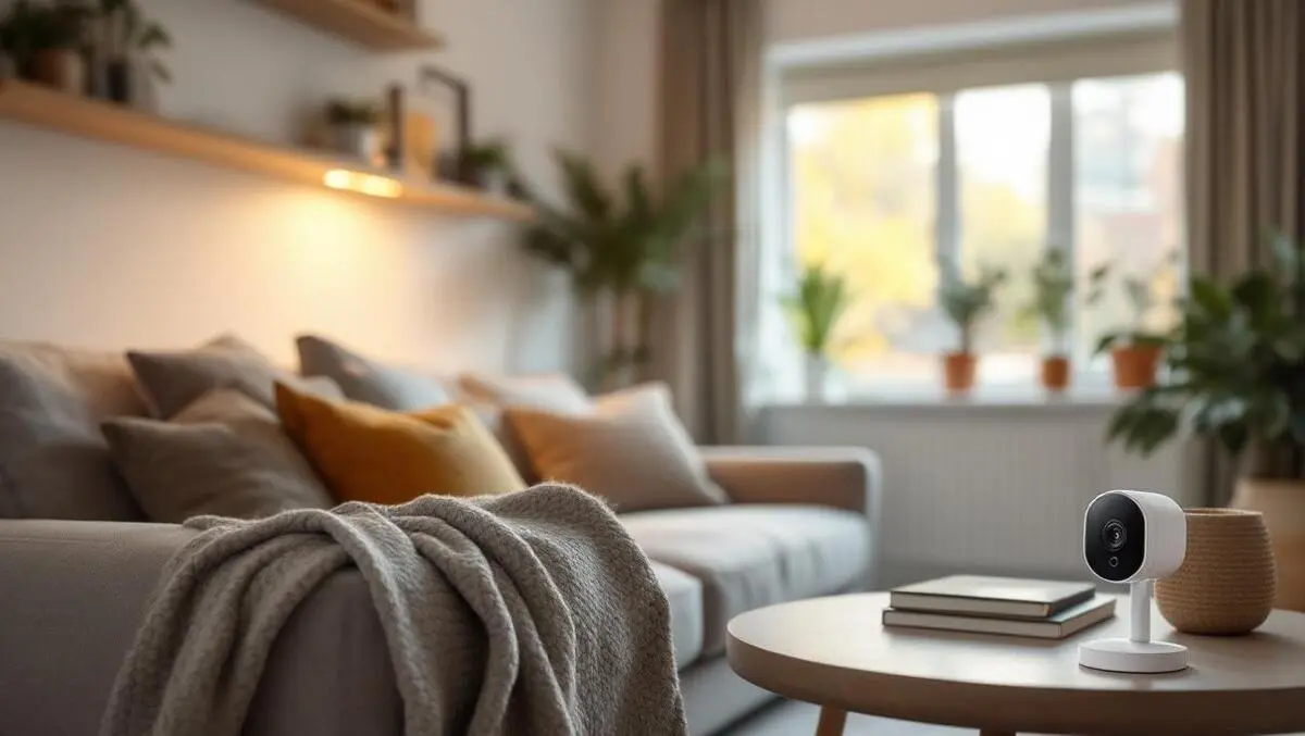 Cozy uk living room with small indoor security camera daylight