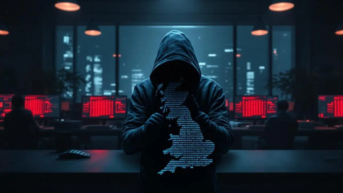 Cinematic uk office night ai cyber attack hooded binary figure