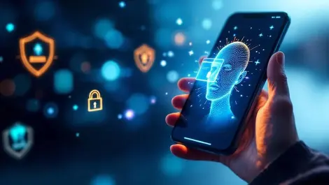 Person unlocking phone glowing digital id face scan security