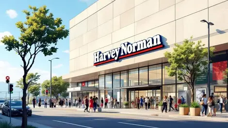 Modern harvey norman style storefront urban shoppers mountains