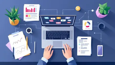 Marketers workstation top view unified marketing apps workflows