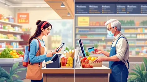 Modern supermarket self checkout vs cashier digital wallet scene