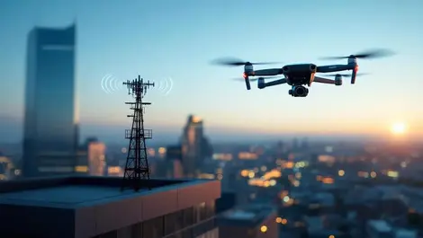 Aerial quadcopter drone over city linked to 5g rooftop tower