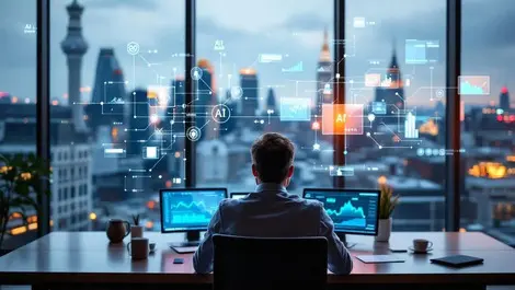 Uk boardroom london skyline ai driven finance executive analysis