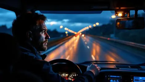 Uk logistics truck driver dusk rainy motorway dashcam safety focus