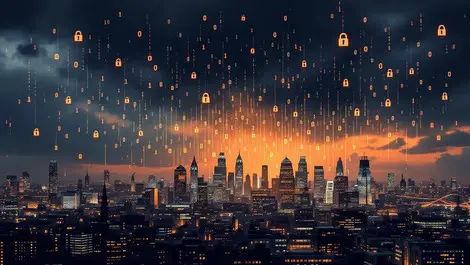 Uk city skyline storm cloud binary padlocks cyberattack scene