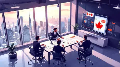 Canadian boardroom executives ai automation skyline meeting scene