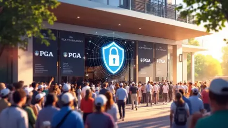 Pro golf tournament clubhouse secure digital identity scene