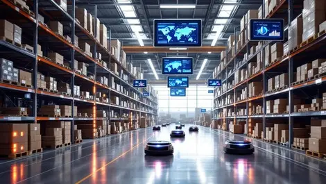 Modern uk warehouse robots tall shelves data screens busy scene