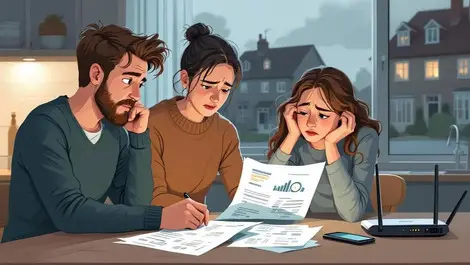 Worried uk family kitchen table high broadband mobile bill evening