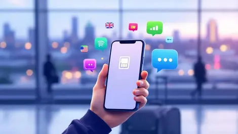 Traveler airport esim chat icons uk spain soft modern scene