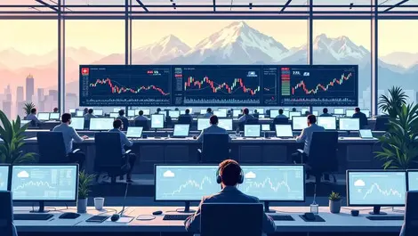 Modern swiss trading floor with brokers screens and alps view