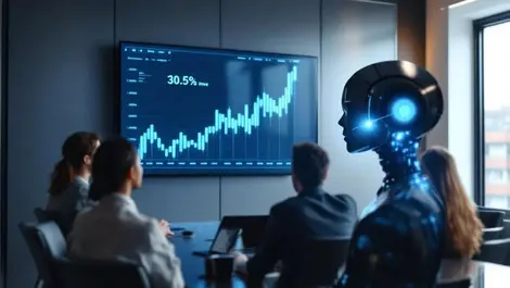 German office team reviewing rising chart with ai robot icon
