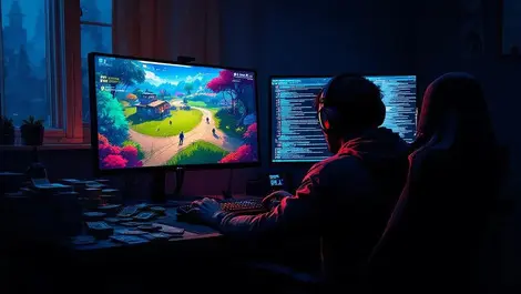 Moody gamers desk dual monitors colorful battle royale cheat cash