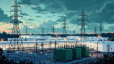 Uk data centre complex at dusk with pylons and substation