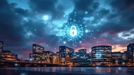 Dublin office skyline cybersecurity padlock shield network dusk