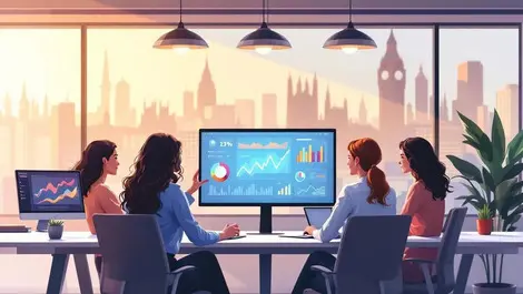 Modern uk office women collaborating tech london skyline warm light