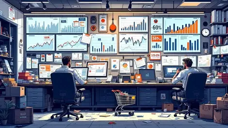 Cluttered ecommerce control room sales charts anxious planners