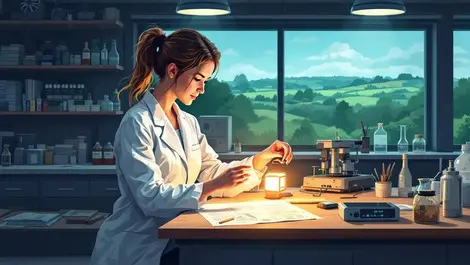 Confident uk woman scientist inventor glowing prototype lab scene