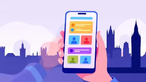 Smartphone hand colorful profile cards gif thumbs london skyline