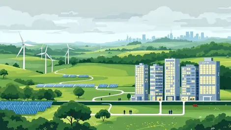 Uk countryside solar wind farm powering modern city offices
