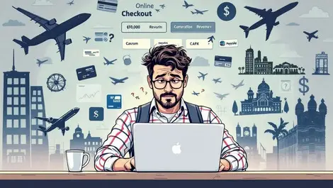 Frustrated british traveller cluttered online booking checkout icons