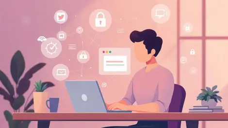 Office worker laptop cloud apps ai icons secure access shield