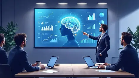 Corporate training room ai brain presentation modern office scene