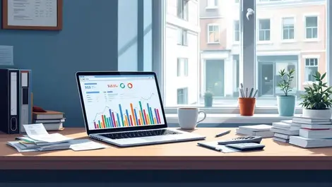 Uk high street office laptop finance charts receipts daylight
