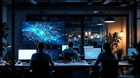 Uk office workers computers ai data screen modern calm workspace